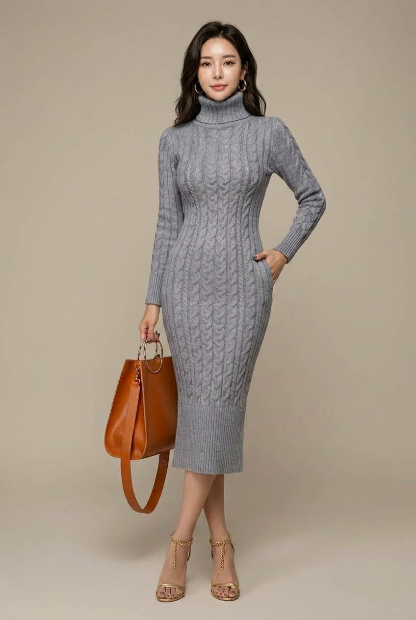 Gebreide midi-jurk met kabelpatroon en col – Grey