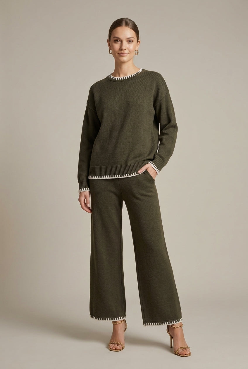 Gebreide loungeset dames – oversized trui met wijde broek – Army Green