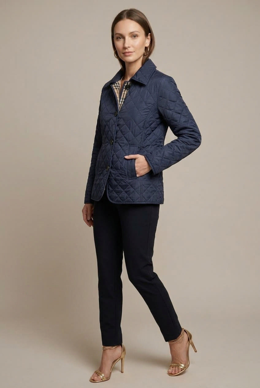 Doorgestikte dames jas met kraag en ruitvoering – Navy Blue
