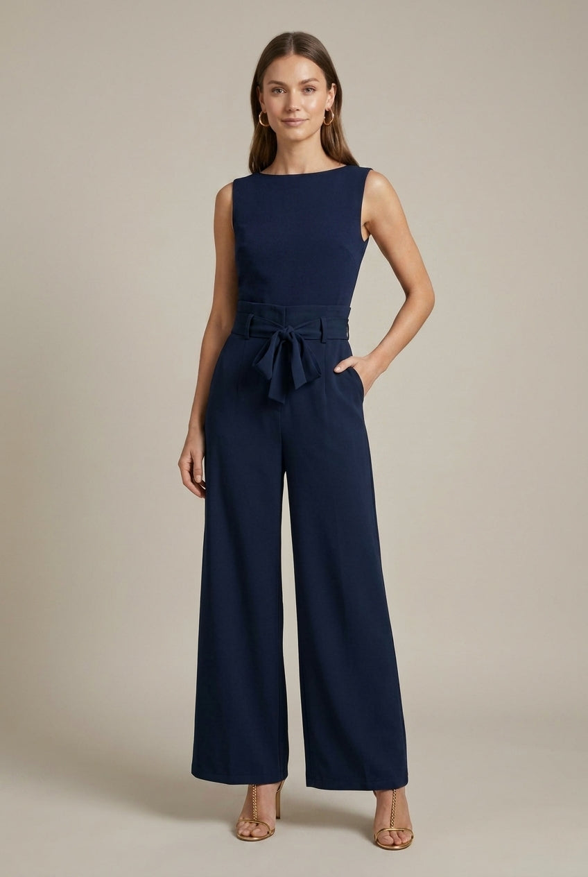 Wijde broek met hoge taille en strikceintuur – Navy Blue