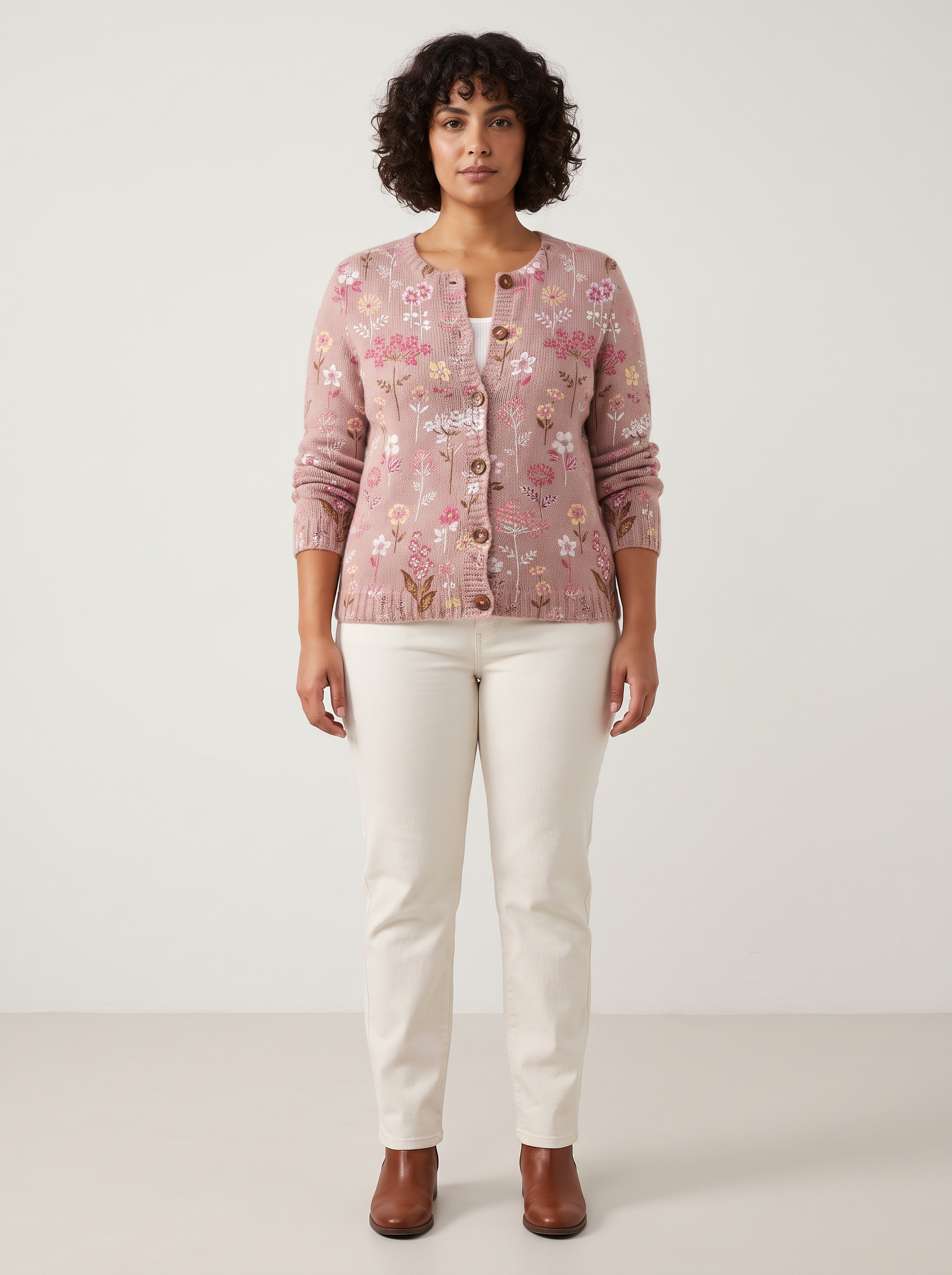 Gebreid dames vest met bloemenprint en knoopsluiting – Roze