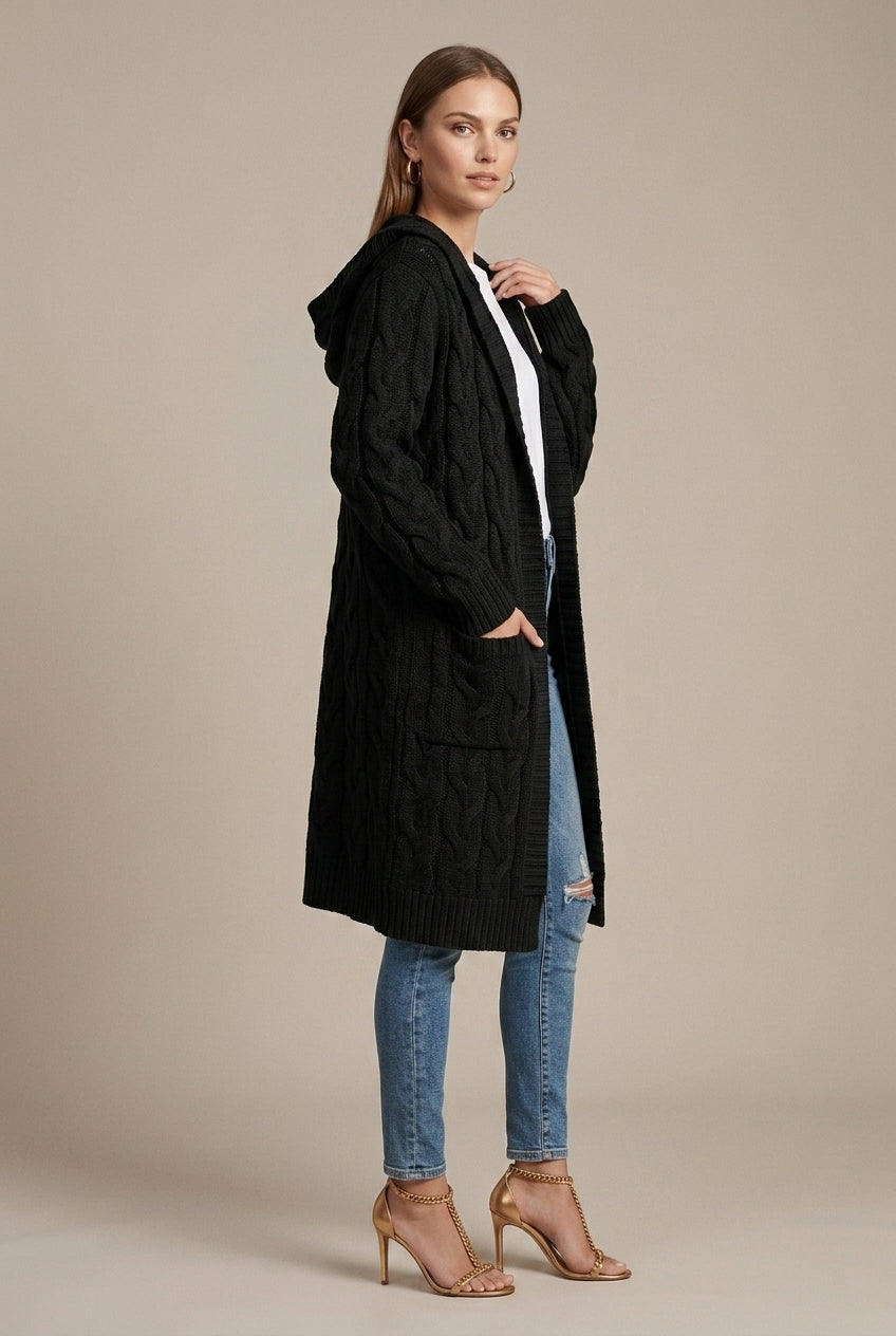 Lang kabelgebreid dames vest met capuchon en zakken – Black