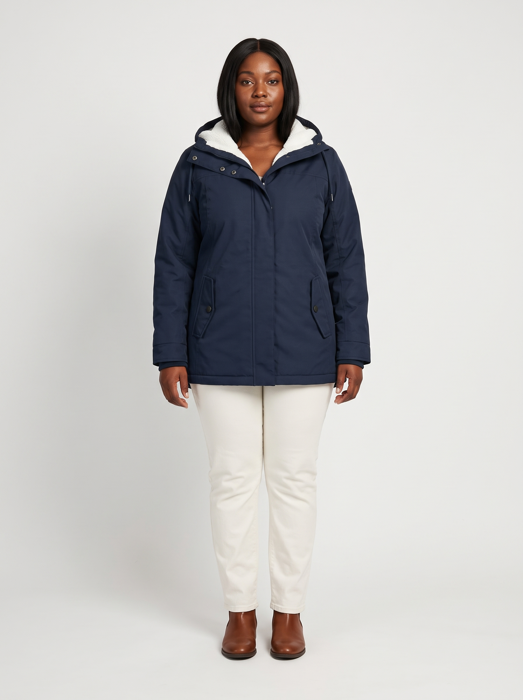 Maggie Lange Winterparka met Capuchon en Teddyvoering – Marineblauw
