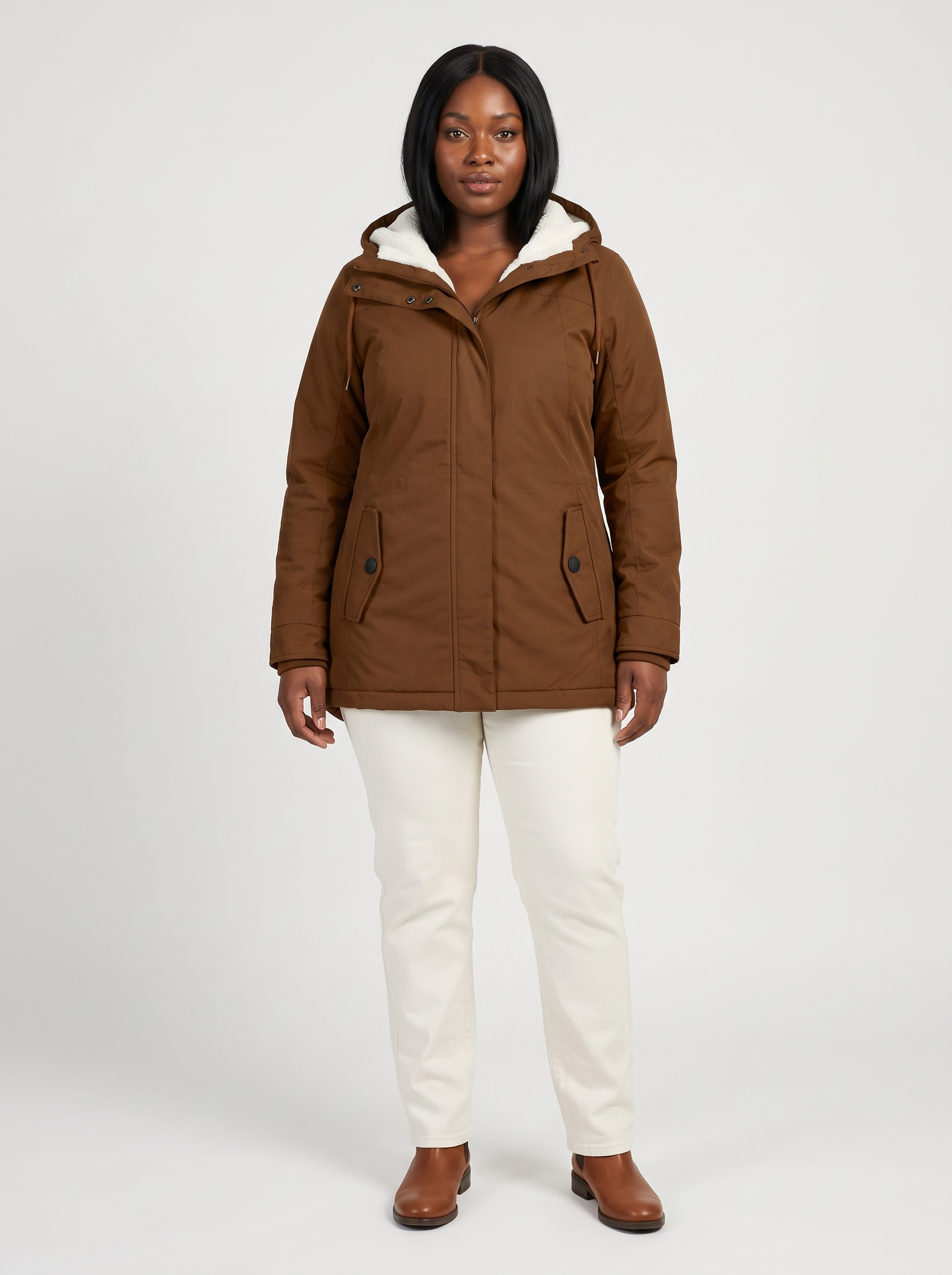 Maggie Lange Winterparka met Capuchon en Teddyvoering – Bruin