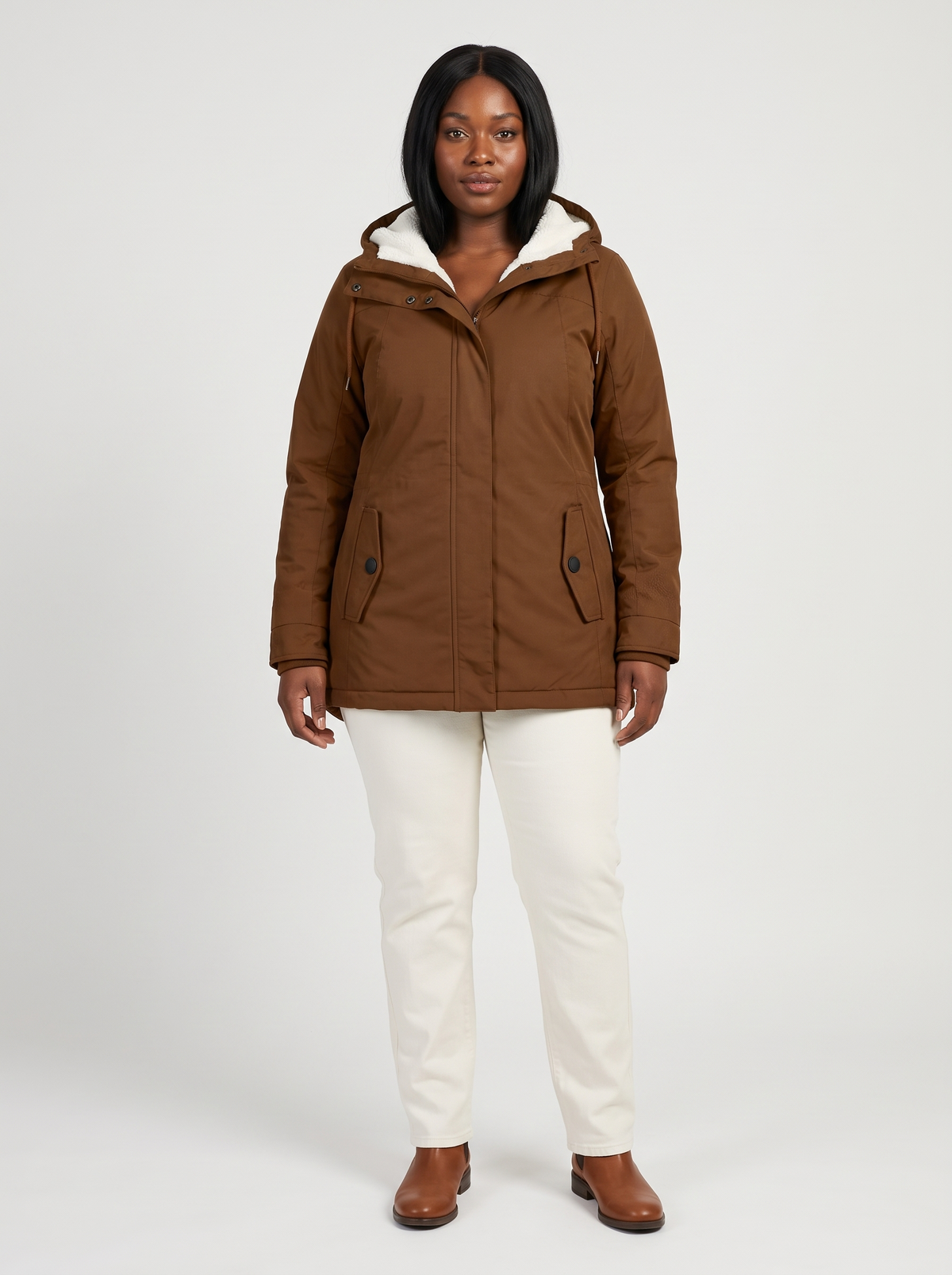 Maggie Lange Winterparka met Capuchon en Teddyvoering – Bruin