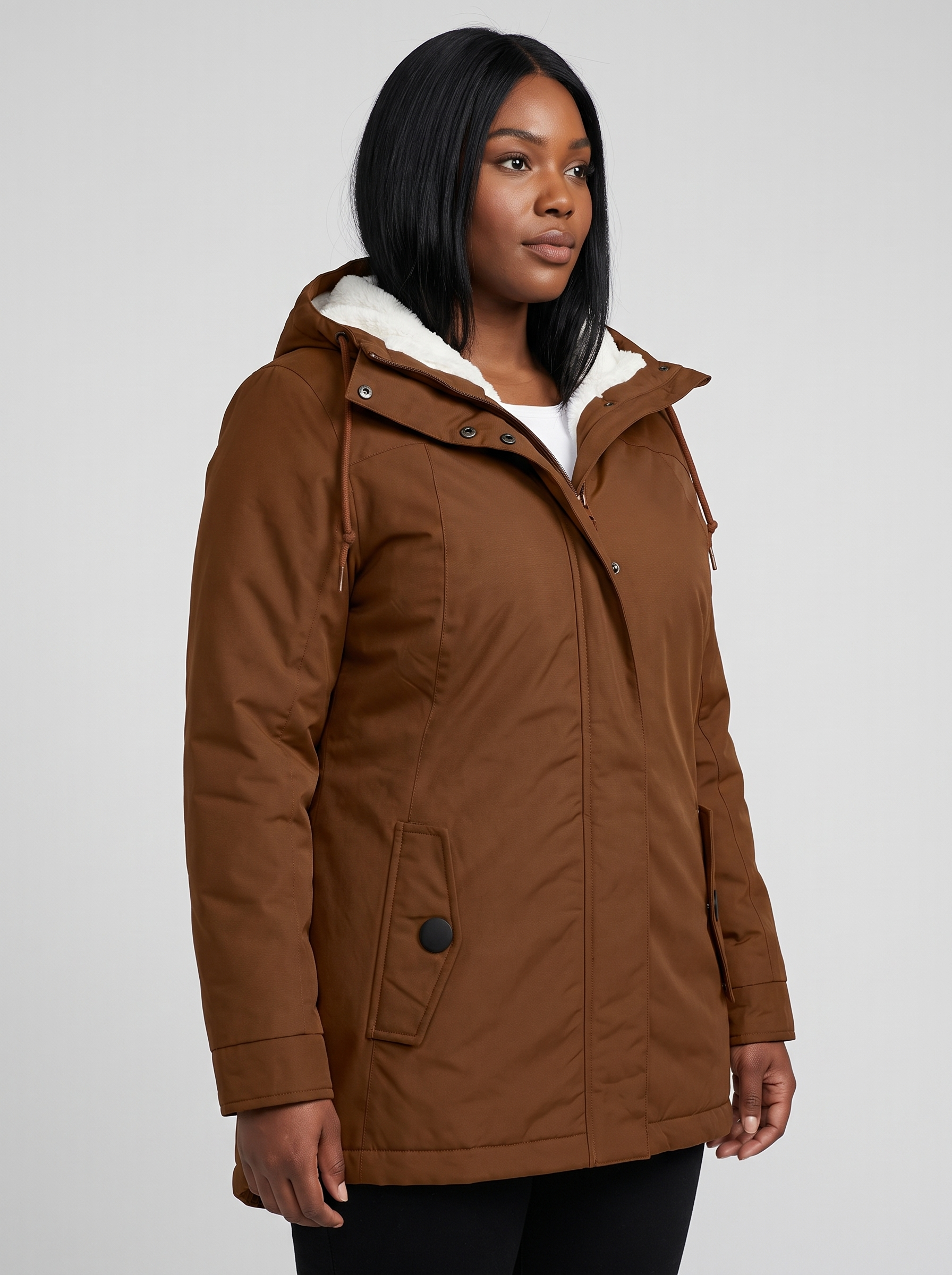 Maggie Lange Winterparka met Capuchon en Teddyvoering – Bruin (detail)