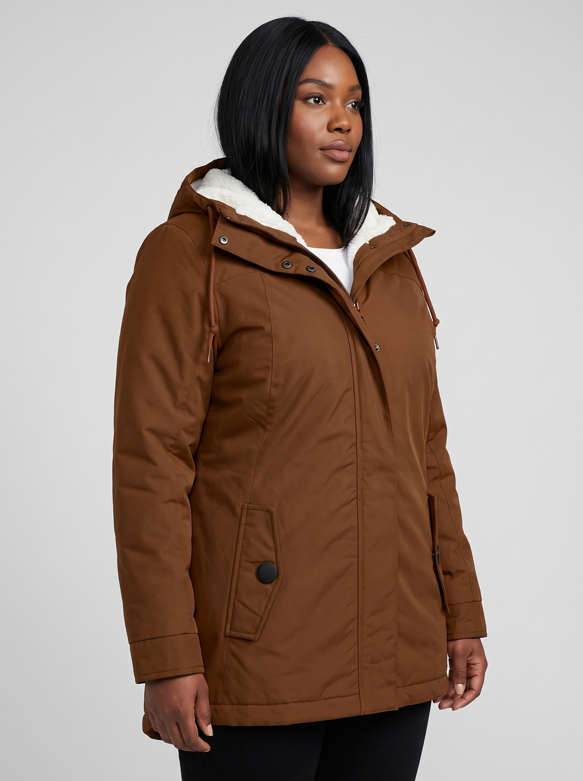 Maggie Lange Winterparka met Capuchon en Teddyvoering – Bruin (detail)