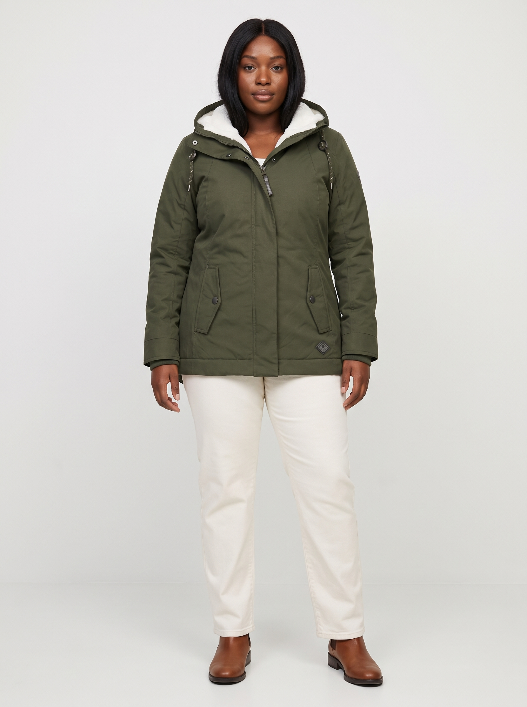 Maggie Lange Winterparka met Capuchon en Teddyvoering – Legergroen