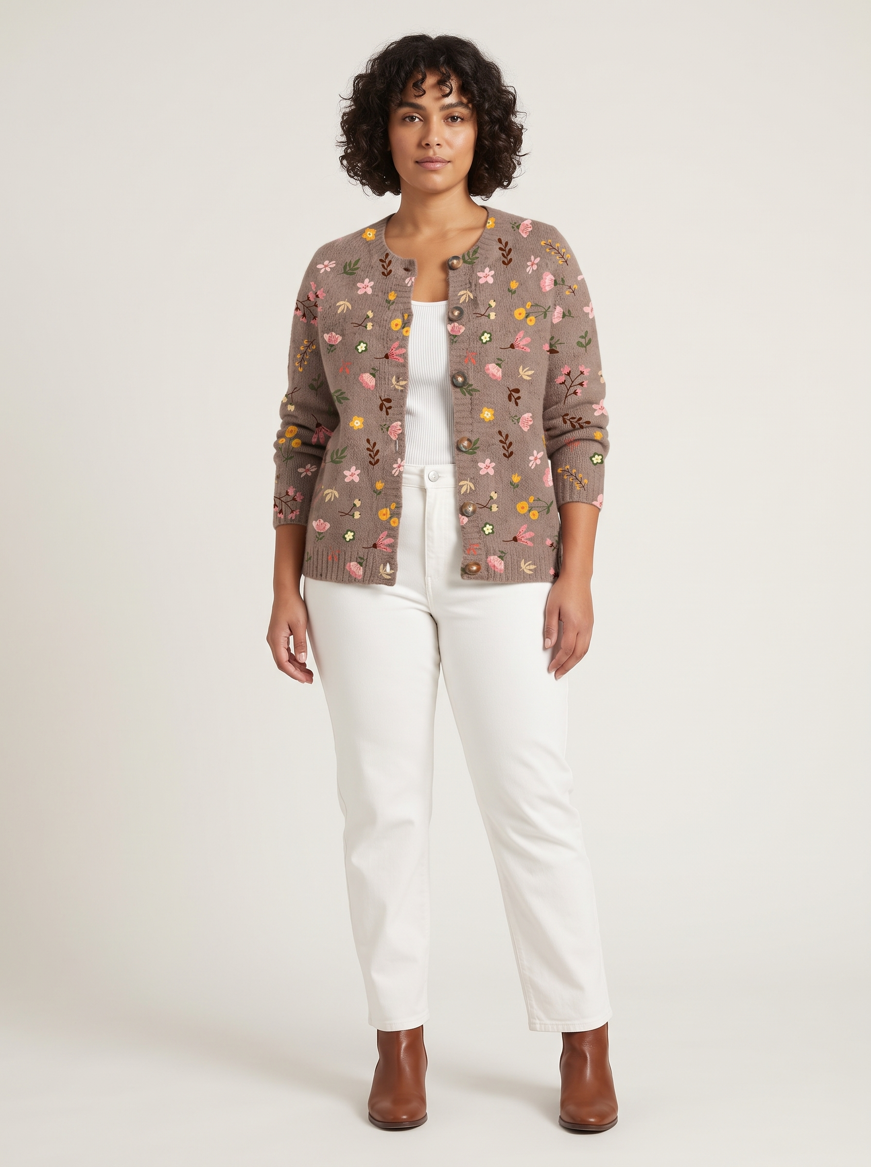 Gebreid dames vest met bloemenprint en knoopsluiting – Bruin