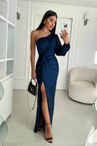 Sophie one-shoulder avondjurk dames donkergroen vooraanzicht