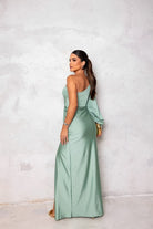 Sophie one-shoulder avondjurk dames muntgroen detailfoto