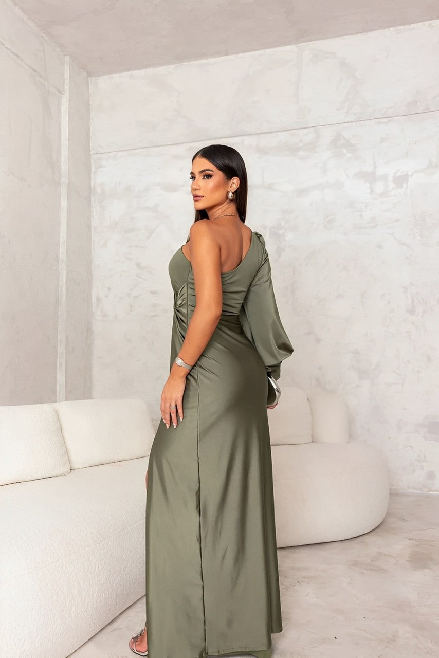 Sophie one-shoulder avondjurk dames olijfgroen detailfoto